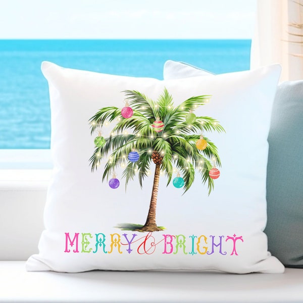 Merry and Bright Palm Christmas Tree | Beach Holiday | Coastal Christmas Home Decor | Christmas Palm Tree Pillow | Merry and Bright Decor