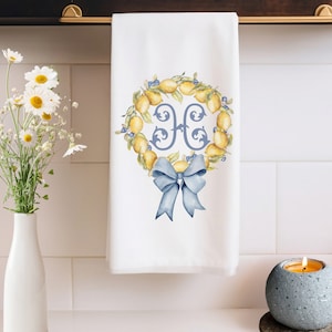 Personalized Monogram Lemon Wreath Tea Towel | Monogram Gift | Monogram Kitchen Towel Decor | Personalized Hostess Gift | Spring Tea Towel