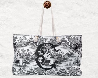 Personalized Black and White Chinoiserie Monogrammed  Weekender Bag | Preppy Beach Bag | Bridal Party Gifts | Grand Millennial Travel Bag