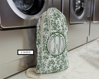 Custom College Laundry Bag | Monogrammed Drawstring Laundry Sack | Personalized Graduation Gifts for Her | Toile De Jouy Laundry Bag