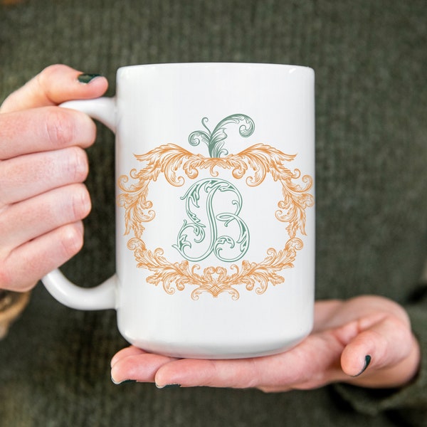 Pretty Floral Pumpkin Monogram Coffee Mug | Personalized Fall Ceramic Large Coffee Cup | Autumn Coffee Mug | Custom Fall Gift for Her