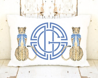 Blue Personalized Medallion Monogram Lumbar Pillow with Chinoiserie Cheetahs | Custom Monogram Throw Pillow | Chinoiserie Decor Gift |