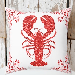 Lobster Throw Pillow | Coastal Decor | Floral Decorative Pillow Cover | Maine Lobster | Elegant Coastal Home Decor Gift for Her