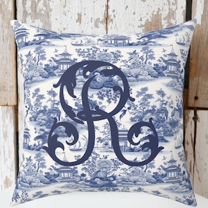 Custom Navy and White Chinoiserie Monogram Pillow | Chinoiserie Decor | Monogrammed Gifts | Chinoiserie Print Pillows | Personalized Pillows