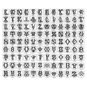 May include: A collection of black and white monogram designs, each within a rectangular frame. The monograms feature various stylized letter combinations, suitable for personalized stationery or decorative items. The image is a catalog of different monogram styles.