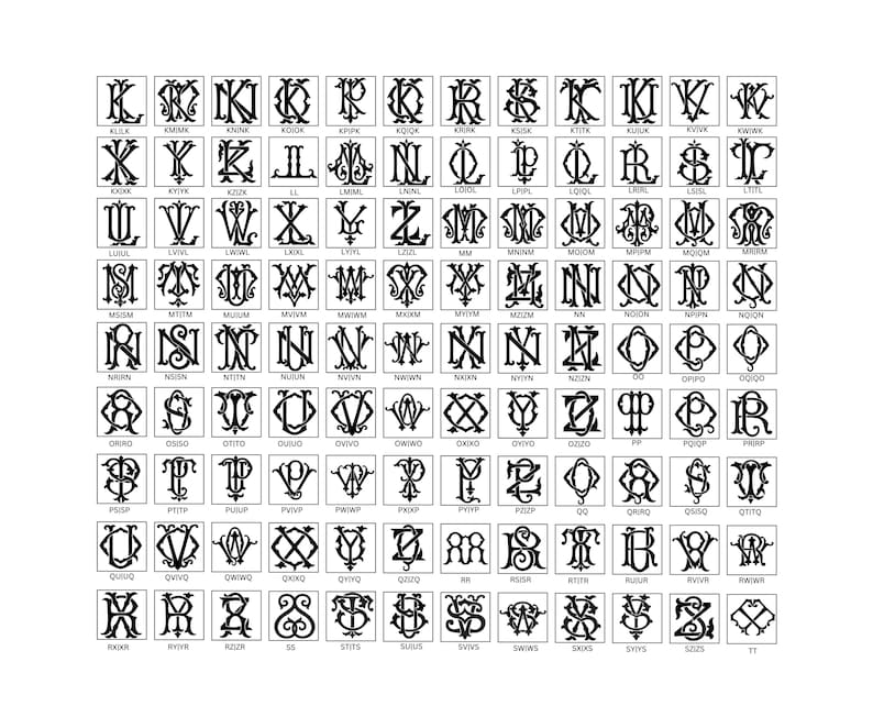 May include: A collection of black and white monogram designs, each within a rectangular frame. The monograms feature various stylized letter combinations, suitable for personalized stationery or decorative items. The image is a catalog of different monogram styles.