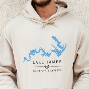 Custom Lake James Hoodie Sweatshirt | Lake James North Carolina Sweatshirt | Custom Lake James Silhouette and Coordinates Gift | Lake James