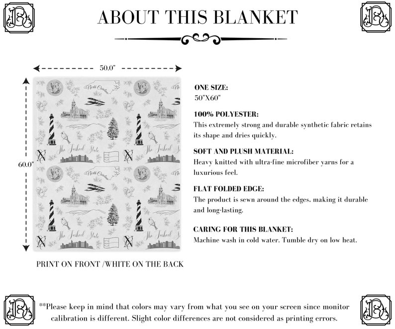 Peut inclure: Une couverture blanche avec un motif r&eacute;p&eacute;t&eacute; noir et blanc de phares, d'arbres et les mots "The Tar Heel State". La couverture mesure 127 cm sur 152 cm et est faite de 100 % polyester. Le texte "Print on front/White on the back" est imprim&eacute; en bas de l'image.