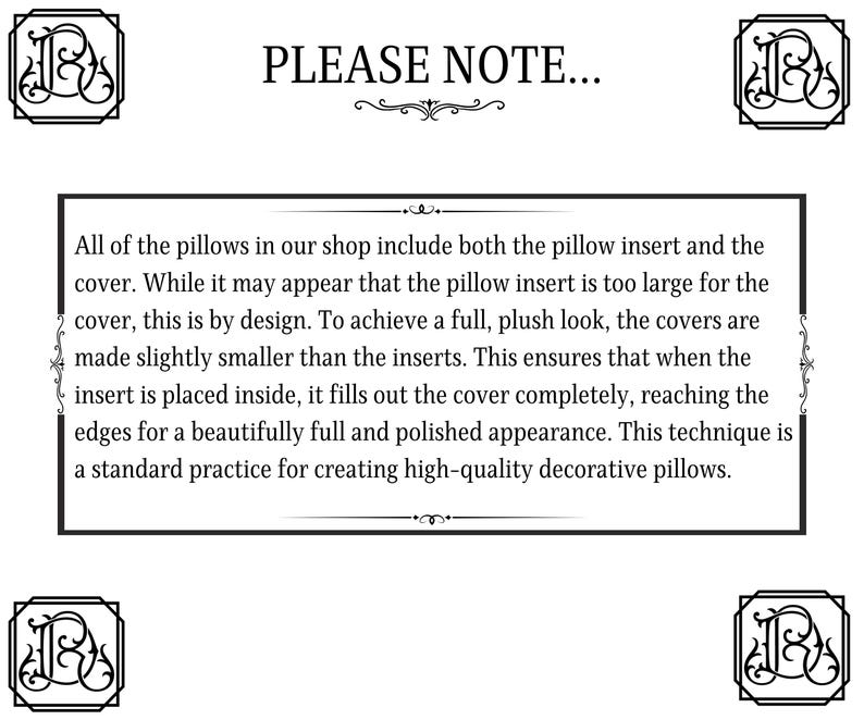 Peut inclure: Fond blanc avec le texte "PLEASE NOTE..." et une description des coussins et des housses. Le texte explique que les coussins sont l&eacute;g&egrave;rement plus grands que les housses pour un aspect plein.