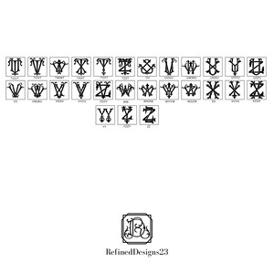 May include: A collection of black and white monogram designs, each within a square frame. The designs feature various letter combinations, with the text "Refined Designs23" at the bottom. The overall aesthetic is classic and elegant.