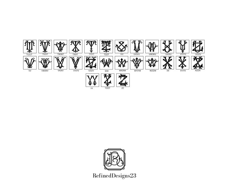 May include: A collection of black and white monogram designs, each within a square frame. The designs feature various letter combinations, with the text "Refined Designs23" at the bottom. The overall aesthetic is classic and elegant.