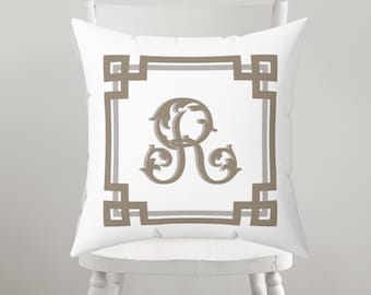Monogrammed Pillow Cover | Personalized Throw Pillow | Gray and Taupe  | Custom Home Decor | Dorm Room Decor for Her | Greek Key Pillow