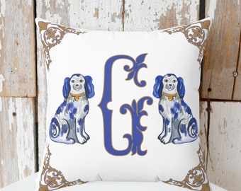 Personalized Chinoiserie Staffordshire Dog Twin Monogrammed Pillows | Blue White and Gold Chinoiserie Pillow Covers | Chinoiserie Home Decor