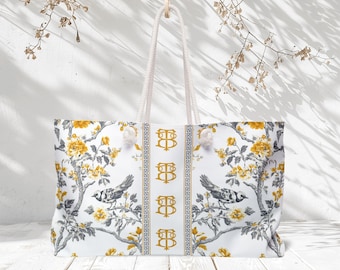 Monogrammed Chinoiserie Bird Mahjong Tote Bag | Personalized Mahjong Gift