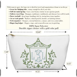 May include: White cosmetic bag with a green and blue pagoda design and the initials LSL. The bag is 12.60 inches wide, 7.28 inches tall, and 3.15 inches deep. It has a gold zipper and is made of 100% spun polyester.