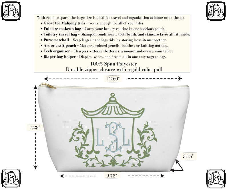 May include: White cosmetic bag with a green and blue pagoda design and the initials LSL. The bag is 12.60 inches wide, 7.28 inches tall, and 3.15 inches deep. It has a gold zipper and is made of 100% spun polyester.