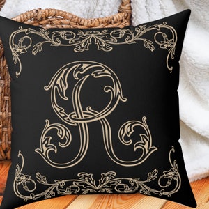 Personalized Black and Cream Vintage Vine Monogram Pillow | Monogram Home Decor | Monogrammed Gifts | Vintage Initial Printed Pillow Cover