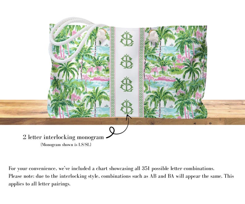 May include: Tote bag with a tropical print featuring palm trees, pink flamingos, and a beach scene. The bag has a white rope handle and a central stripe with green interlocking dollar sign monograms. The bag is on a wooden surface.