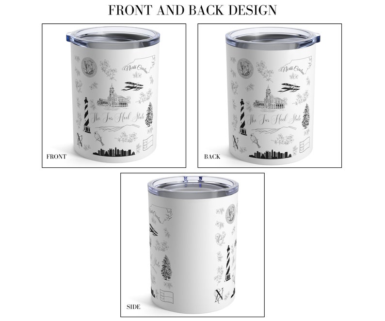 May include: White stainless steel tumbler with a black and white design featuring various landmarks and symbols of North Carolina. The text "The Tar Heel State" is printed on the tumbler.