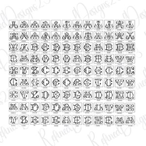 May include: A grid of monogram designs in a variety of styles. Each design features three letters, with the first letter larger and centered. The letters are in a decorative, swirling font, and are enclosed in a square frame. The designs are in black and white.