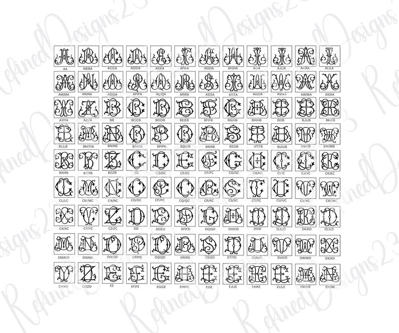May include: A grid of monogram designs in a variety of styles. Each design features three letters, with the first letter larger and centered. The letters are in a decorative, swirling font, and are enclosed in a square frame. The designs are in black and white.