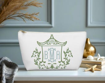 Sac de tuile de mahjong floral pagode personnalisé | 3 monogrammes initiales | Cadeau pour un mariage | Trousse de maquillage et de voyage| Bleu et vert