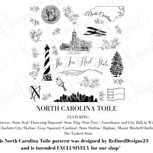 May include: Black and white illustration of North Carolina state symbols, including the state flag, a lighthouse, a pine tree, a courthouse, a biplane, a squirrel, a cardinal, and a skyline. The text "The Tar Heel State" and "North Carolina Toile" are also included. The text "This North Carolina Toile pattern was designed by RefinedDesigns23 and is intended EXCLUSIVELY for our shop*" is at the bottom of the image.