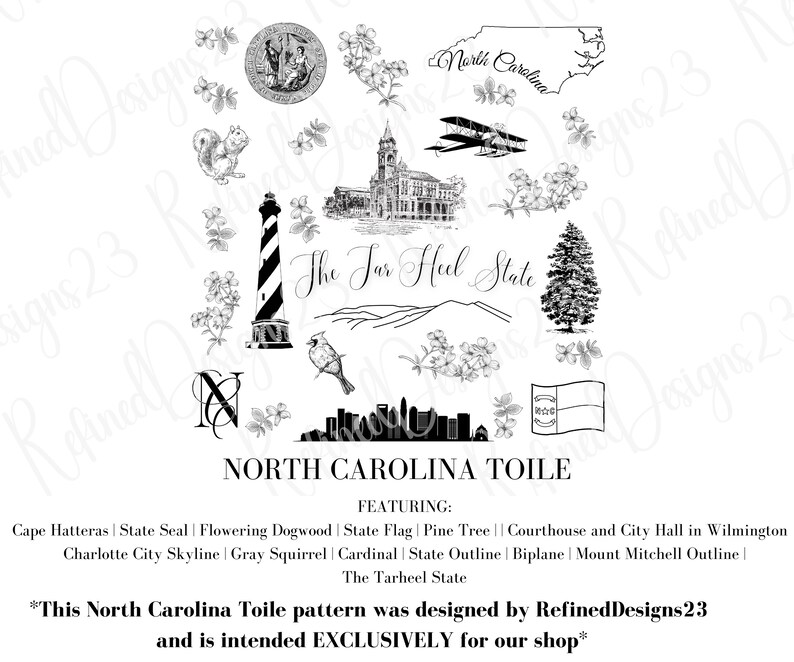 May include: Black and white illustration of North Carolina state symbols, including the state flag, a lighthouse, a pine tree, a courthouse, a biplane, a squirrel, a cardinal, and a skyline. The text "The Tar Heel State" and "North Carolina Toile" are also included. The text "This North Carolina Toile pattern was designed by RefinedDesigns23 and is intended EXCLUSIVELY for our shop*" is at the bottom of the image.
