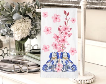 Chinoiserie Staffordshire Twin Dogs Cherry Blossom Tea Towel | Chinoiserie Kitchen Towel Decor | Staffordshire Dogs | Asian Decor
