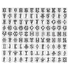May include: A collection of black and white monogram designs, each within a rectangular frame. The monograms feature various combinations of letters, showcasing ornate and decorative typography. The image is ideal for personalized gifts.