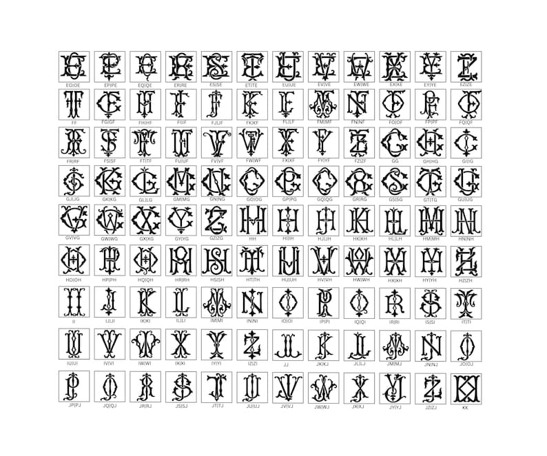 May include: A collection of black and white monogram designs, each within a rectangular frame. The monograms feature various combinations of letters, showcasing ornate and decorative typography. The image is ideal for personalized gifts.