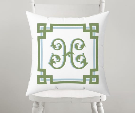Monogrammed Pillow Cover | Personalized Throw Pillow | Blue and Green | Custom Home Decor | Dorm Room Decor for Her | Greek Key Pillow