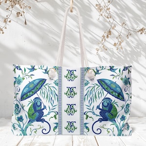 May include: White tote bag with a repeating pattern of monkeys holding umbrellas, in shades of blue and green. The bag has a rope handle and a decorative design down the center. The bag is made of a durable material and is suitable for carrying items.