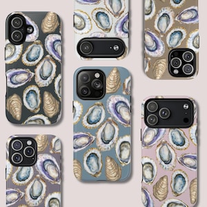 May include: A collection of phone cases featuring a watercolor design of oysters. The cases display a variety of colors, including blue, purple, and tan, with a light background. The cases are designed for different phone models.