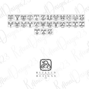 May include: A collection of black and white monogram designs, featuring various letter combinations in ornate, decorative fonts. The image includes the text "Refined Designs 23" at the bottom, with a framed monogram design above it.