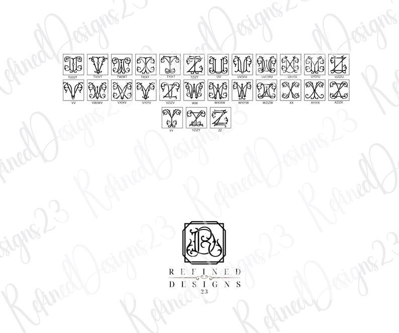 May include: A collection of black and white monogram designs, featuring various letter combinations in ornate, decorative fonts. The image includes the text "Refined Designs 23" at the bottom, with a framed monogram design above it.