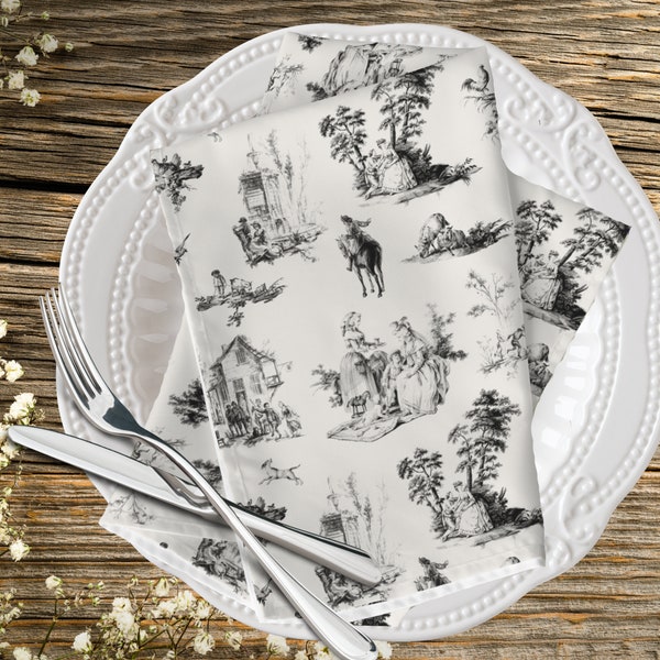 Black and Antique White French Country Toile Set of 4 Dinner Napkins | Vintage Toile Pattern Napkins | Elegant Table Decor | Toile Decor