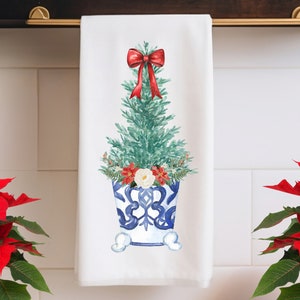 Chinoiserie Christmas Tree Tea Towel | Christmas Kitchen Towel Decor | Holiday Tea Towel | Christmas Hostess Gift | Holiday Teacher Gift