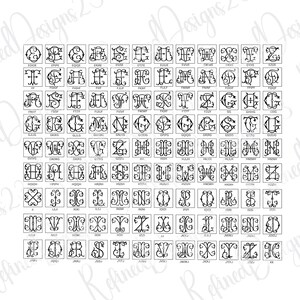 May include: A grid of black and white monogram designs, each within a square frame. The monograms feature various letter combinations in an ornate, decorative style. The image includes the text "Refined Designs 23".