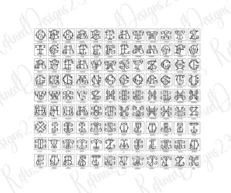May include: A grid of black and white monogram designs, each within a square frame. The monograms feature various letter combinations in an ornate, decorative style. The image includes the text "Refined Designs 23".