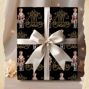 Nutcracker Wrapping Paper | MC Monogram Merry Christmas Satin Gift Wrap | Elegant Christmas Gift Wrap | Holiday Nutcracker Wrapping Paper