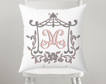 Personalized Monogram Chinoiserie Pillow | Pink and Gray Floral Pagoda | Preppy Home Decor | College Decor Dorm Gift for Her | Pillow Cover
