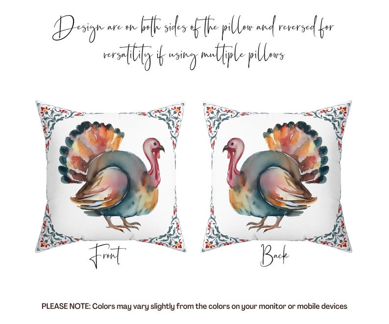 Decorative Thanksgiving Watercolor Turkey Pillow | Thanksgiving Home Decor | Fall Throw Pillow | Fall Home Decor | Pretty Fall Pillows image 4