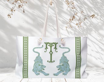 Sac de Mahjong personnalisé | Cabas bleu et vert monogrammé Tigres chinoises | Cadeau de mahjong