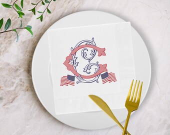 Patriotic Cocktail and Lunch Napkins | Red White and Blue Monogram Napkins | Patriotic Party Decor | July 4th Decor | Memorial Day Decor