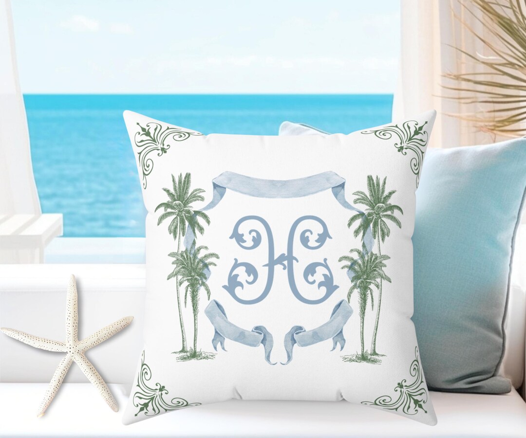 Picture of Coastal Crest Blue and Green Monogrammed Throw Pillow | Beaufort Palms ...