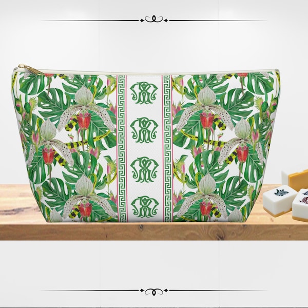 Personalized Floral Mahjong Tile Bag | Chinoiserie Monkey Monogrammed Mahjong Bag | Mahjong Player Gift