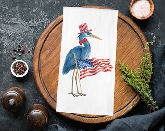 Patriotic Blue Heron Tea Towel | Coastal Fourth of July Kitchen Towel | American Flag Heron Decor |Red White and Blue Kitchen Decor