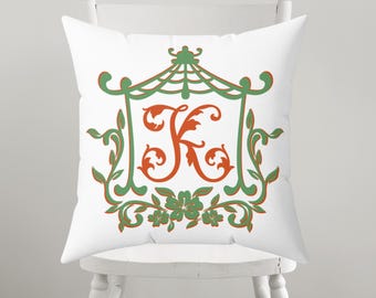 Personalized Monogram Chinoiserie Pillow | Green | Orange Floral Pagoda | Preppy Home Decor | College Decor Dorm Gift for Her | Pillow Cover