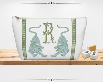 Sac de Mahjong personnalisé | Trousse de maquillage verte et bleue monogrammée Tigres chinoises | Cadeau pour joueur de mahjong